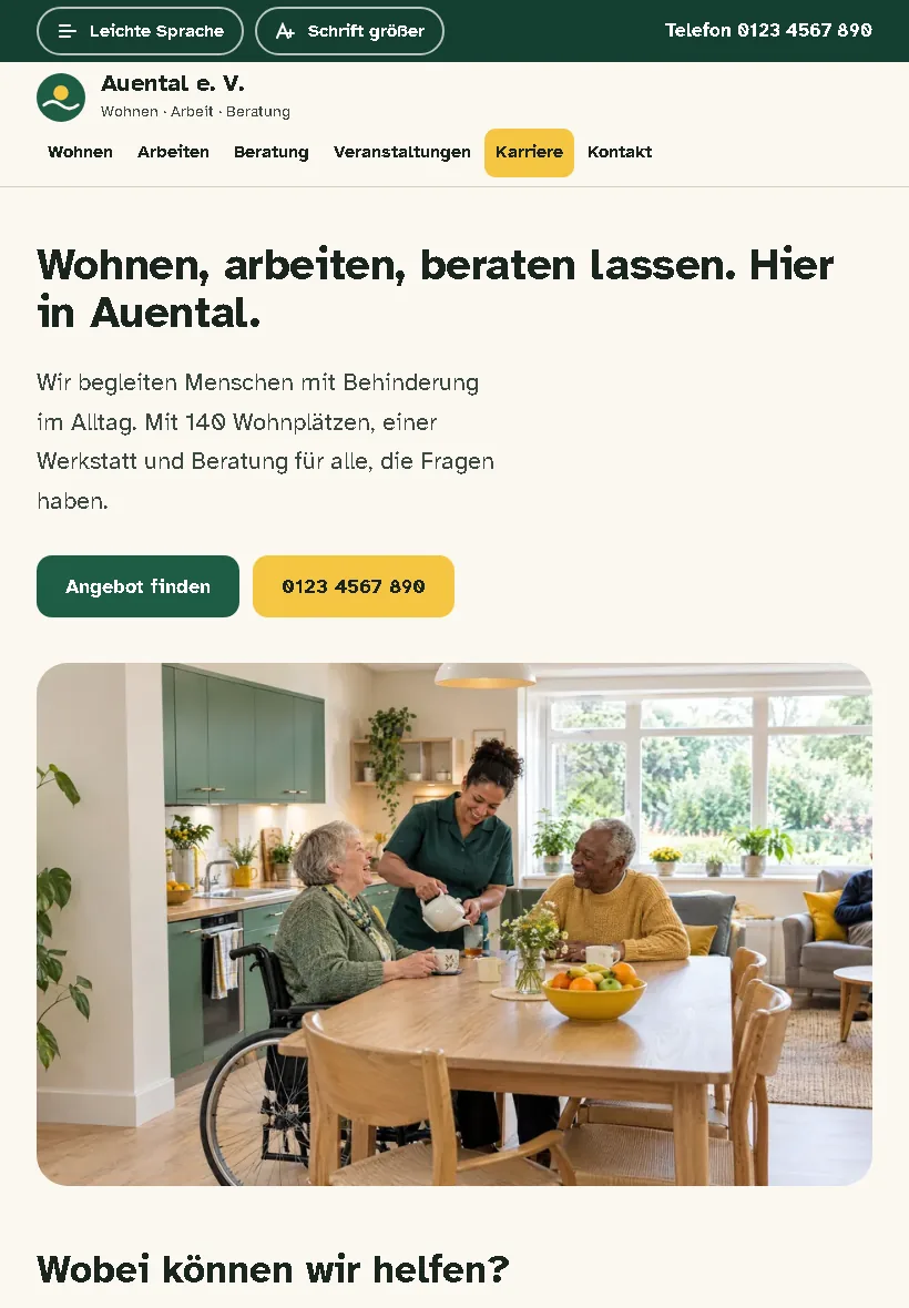 Startseite von Auental e. V. nach der Neukonzeption: große Überschrift, Schalter für Leichte Sprache und vier Wege, auf dem Tablet