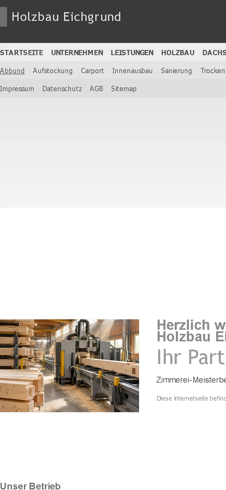 Die alte Startseite der Zimmerei: am linken Rand angeschnittenes Firmenzeichen, einundzwanzig Menüpunkte in drei Reihen, darunter ein leeres graues Band und ein zentrierter Stichwortblock in Rot und Schwarz, auf dem Handy