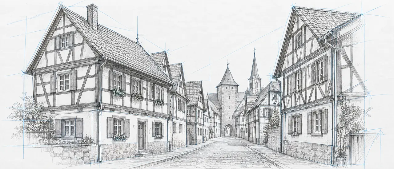 Eine schmale Gasse mit Fachwerkhäusern im Morgenlicht