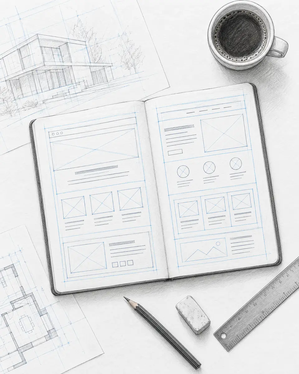 Graphitskizze eines Zeichentischs von oben: ein offenes Notizbuch mit Entwürfen für den Aufbau von Seiten, daneben Bleistift, Radiergummi, Stahllineal und eine Tasse Kaffee.
